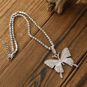 YienDoo Crystal Butterfly Necklace Choker Silver CZ Rhinestone Tennis Chain Sparkly Large Butterfly Pendant Necklace Charm Bling Crystal Butterfly Prom Necklace Jewelry Gift for Women