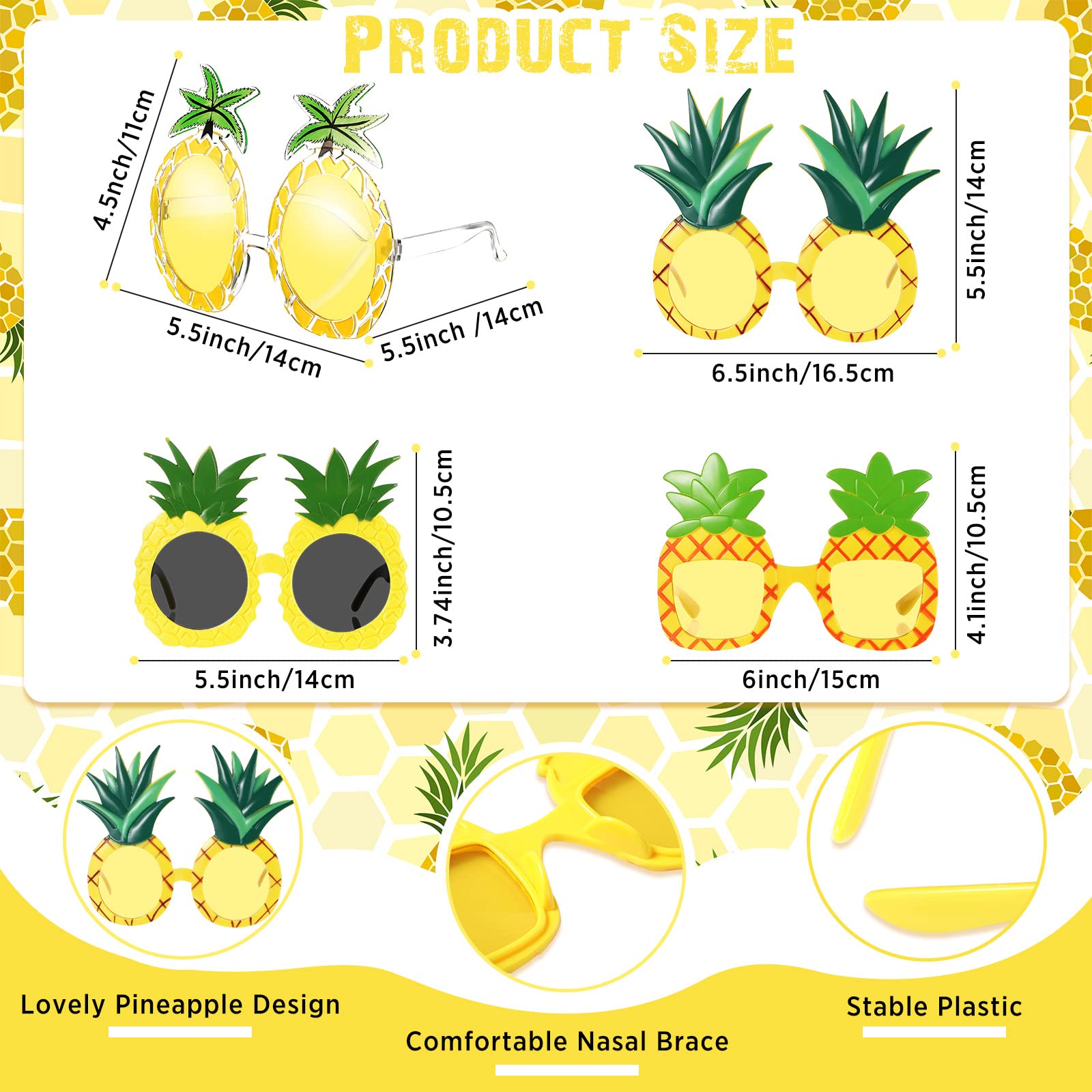 6 Pairs Pineapple Sunglasses Novelty Sunglasses Tropical Pineapple Glasses with 6 Styles, Hawaiian Sunglasses Fruit Shape Glasses Pineapple Party Favors for Summer Beach Luau Theme Party Accessories