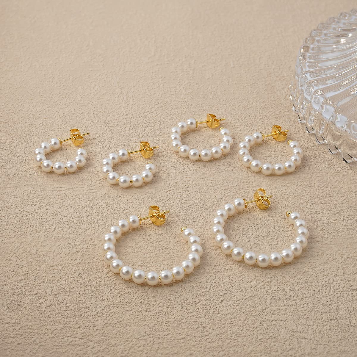 MUYAN 3 Pairs Pearl Hoop Earrings for Women,Gold Plated Pearl Earrings Lightweight Hoops White Pearl Hoops