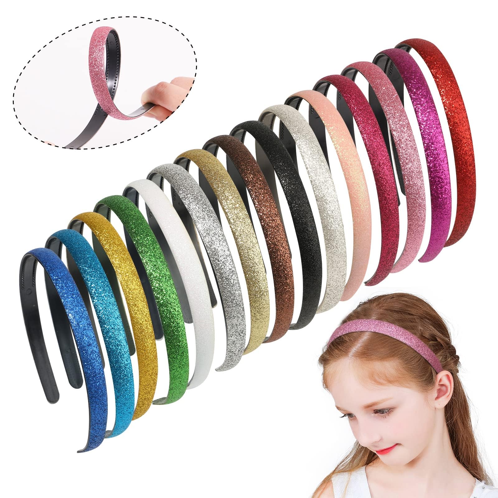 doboi 15 Colors Toddler Headbands Sparkle Plastic Headbands For Girls Glitter Thin Head Bands No Slip Fashion Girls Hard Toddler Hairbands