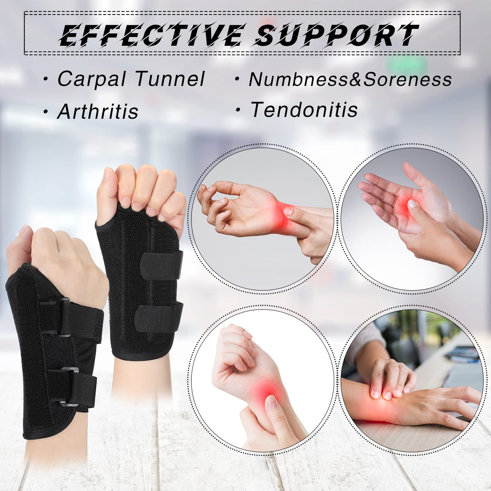 Konohan 2 Pcs Wrist Brace for Kids Youth Carpal Tunnel Black Splints Wrist Brace Night Support with Adjustable Compression Straps for Children Sports Sleep (Age 3-8)