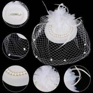 5PCS Fascinators Hat Veil Mesh Headband Set Tea Party Fascinators Set Lace Gloves, Pearl Necklace, Bracelet, Earrings (White)