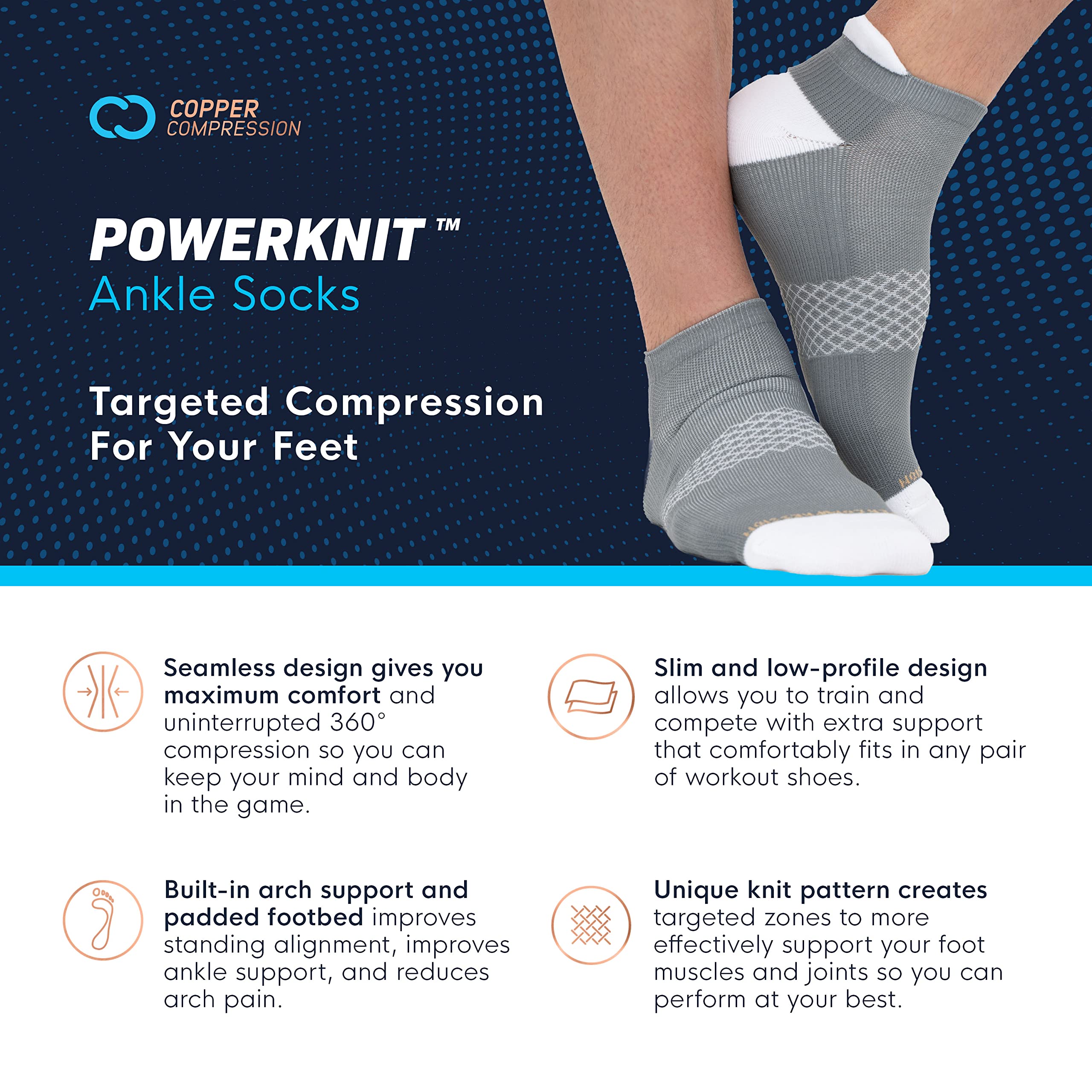 Copper Compression Socks for Women & Men | Powerknit Compression Socks For Running, Cycling & Pain Relief | 15-20 mmHg Plantar Fasciitis Socks with Padded Arch Support - 3 Pairs