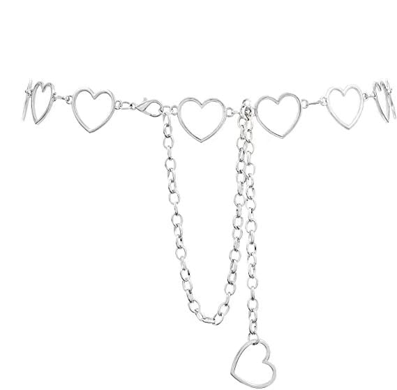 Zhang shine Fashion Long Tassel Love Hearts Pendant Silver Metal Waist Chain Women Adjustable Body Link Belts Body Belly Jewelry for Jeans Dresses