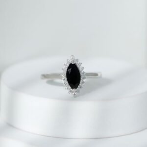 Lab Grown Black Diamond Halo Engagement Ring with Moissanite | 4X8 MM Marquise Shape Black Diamond (Certified, AAAA Quality), 14K White Gold, Size:US 8.00