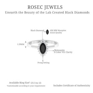 Lab Grown Black Diamond Halo Engagement Ring with Moissanite | 4X8 MM Marquise Shape Black Diamond (Certified, AAAA Quality), 14K White Gold, Size:US 8.00