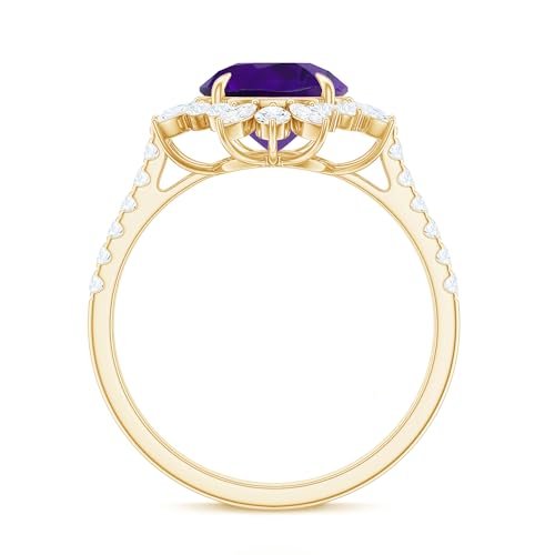 Rosec Jewels Certified Natural Amethyst Halo Engagement Ring with Moissanite, AAA Quality, Cocktail Ring - Ready to Gift, 14K Yellow Gold, Size:US 10.00