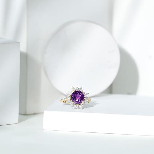 Rosec Jewels Certified Natural Amethyst Halo Engagement Ring with Moissanite, AAA Quality, Cocktail Ring - Ready to Gift, 14K Yellow Gold, Size:US 10.00