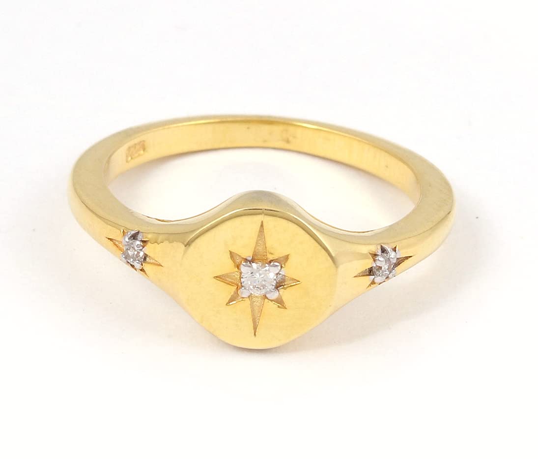 Sterling Silver Signet Ring, Cz Ring, North Star Ring, Polaris Ring, Unique Silver Ring, Star Signet Ring, Starburst Ring, Celestial Ring (Gold, 9)