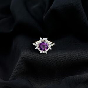 Rosec Jewels Certified Natural Amethyst Halo Engagement Ring with Moissanite, AAA Quality, Cocktail Ring - Ready to Gift, 14K Yellow Gold, Size:US 10.00