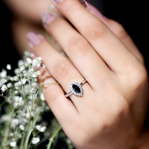 Lab Grown Black Diamond Halo Engagement Ring with Moissanite | 4X8 MM Marquise Shape Black Diamond (Certified, AAAA Quality), 14K White Gold, Size:US 8.00