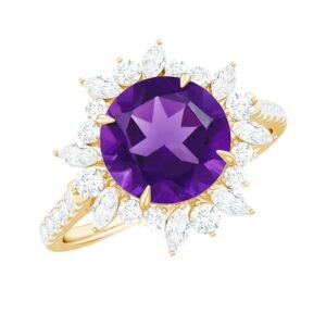 Rosec Jewels Certified Natural Amethyst Halo Engagement Ring with Moissanite, AAA Quality, Cocktail Ring - Ready to Gift, 14K Yellow Gold, Size:US 10.00