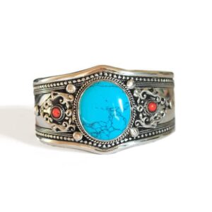 Boho Blue Stabilized Turquoise & Red Coral Adjustable Cuff Bracelet | Unique Jewelry from Nepal