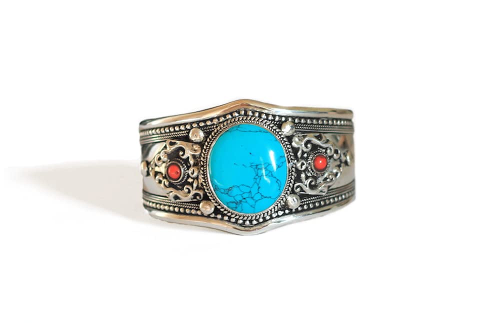 Boho Blue Stabilized Turquoise & Red Coral Adjustable Cuff Bracelet | Unique Jewelry from Nepal