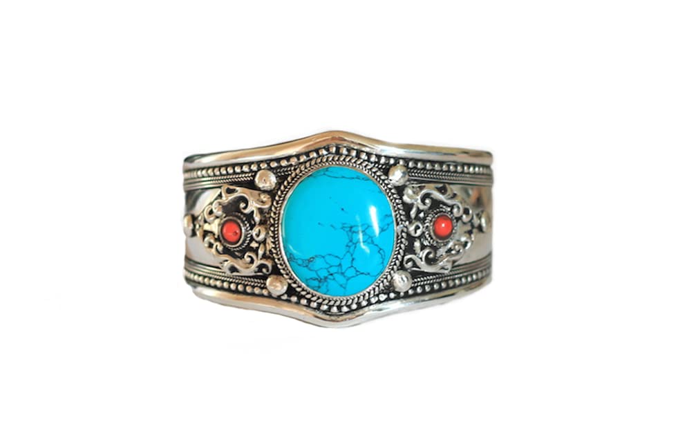 Boho Blue Stabilized Turquoise & Red Coral Adjustable Cuff Bracelet | Unique Jewelry from Nepal