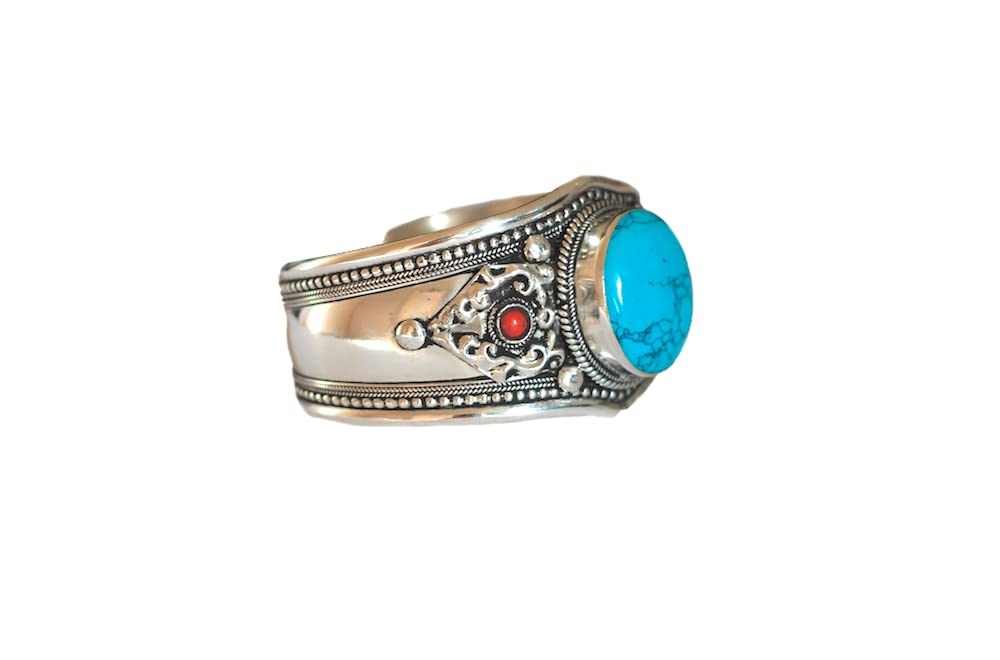 Boho Blue Stabilized Turquoise & Red Coral Adjustable Cuff Bracelet | Unique Jewelry from Nepal