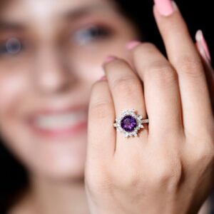 Rosec Jewels Certified Natural Amethyst Halo Engagement Ring with Moissanite, AAA Quality, Cocktail Ring - Ready to Gift, 14K Yellow Gold, Size:US 10.00