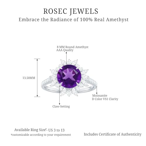 Rosec Jewels Certified Natural Amethyst Halo Engagement Ring with Moissanite, AAA Quality, Cocktail Ring - Ready to Gift, 14K Yellow Gold, Size:US 10.00