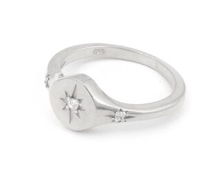 sterling silver signet ring, cz ring, north star ring, polaris ring, unique silver ring, star signet ring, starburst ring, celestial ring (white, 9), yellow,white (ajr0015)