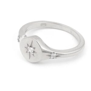 Sterling Silver Signet Ring, Cz Ring, North Star Ring, Polaris Ring, Unique Silver Ring, Star Signet Ring, Starburst Ring, Celestial Ring (White, 9), Yellow,White (Ajr0015)