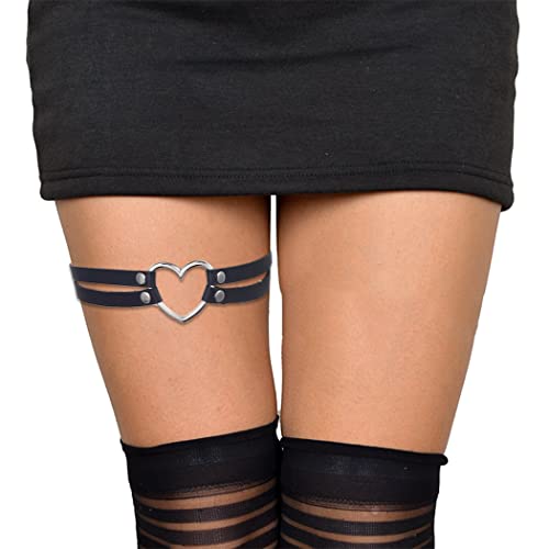 BODIY Women Punk Belt for Leg Black Thigh Straps Goth Heart Leather Leg Accessory Halloween Rave Body Chain