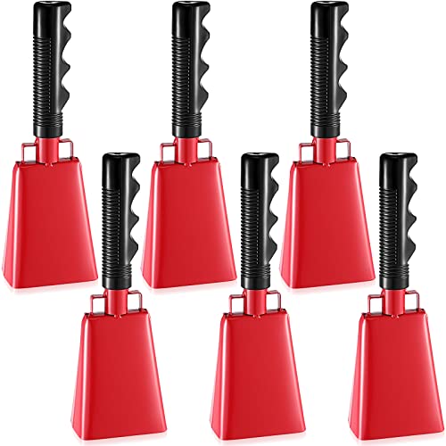 6 Pcs Cow Bells Noise Makers with Handles Cheering Cowbells for Sporting Events Musical Hand Percussion Cowbells Solid Football Cowbell Loud Call Bell Hand Percussion Cowbells for School, Red