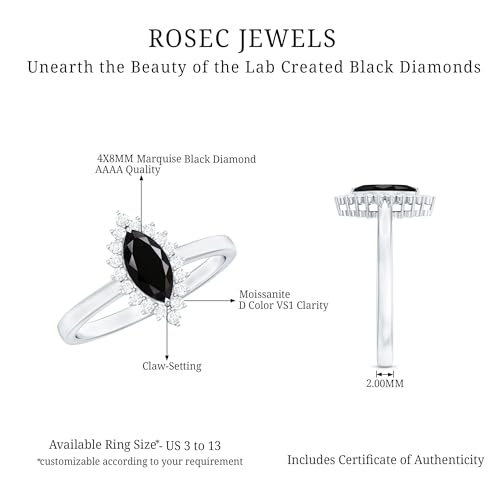 Lab Grown Black Diamond Halo Engagement Ring with Moissanite | 4X8 MM Marquise Shape Black Diamond (Certified, AAAA Quality), 14K White Gold, Size:US 8.00