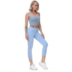 romansong High Waisted Workout Compression Capri Leggings for Women Petite Skinny Mesh Gym Legings with Pockets(Light Blue,Small)