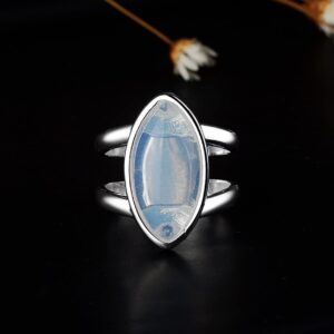 Womens Girls Big Large Opalite Stone Ring Crystal Ring S925 Sterling Silver Natural Genuine Horse Eye Shaped White Agate Onyx Gem Gemstone Ring,Double Line Wide Band Thumb Ring,Punk Biker Cocktail Party Boho Ring Jewelry Gift for Her (Ring_C, 9)