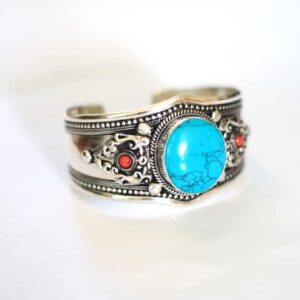 Boho Blue Stabilized Turquoise & Red Coral Adjustable Cuff Bracelet | Unique Jewelry from Nepal