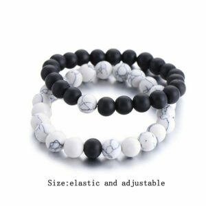 Healing Beads Matching Bracelets for Couples,Marble Black Crystal Agate Natural Stone Bond Touch Bracelet for Women Men,Long Distance His and Her Bracelets (2 Pcs)