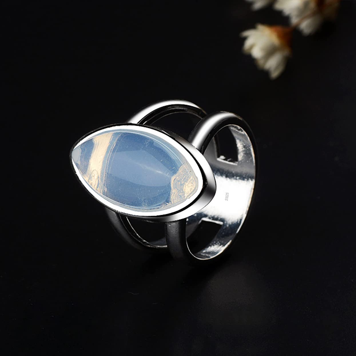 Womens Girls Big Large Opalite Stone Ring Crystal Ring S925 Sterling Silver Natural Genuine Horse Eye Shaped White Agate Onyx Gem Gemstone Ring,Double Line Wide Band Thumb Ring,Punk Biker Cocktail Party Boho Ring Jewelry Gift for Her (Ring_C, 9)