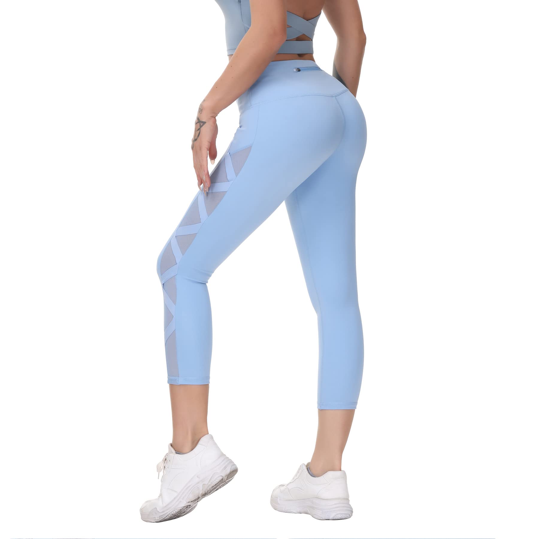 romansong High Waisted Workout Compression Capri Leggings for Women Petite Skinny Mesh Gym Legings with Pockets(Light Blue,Small)