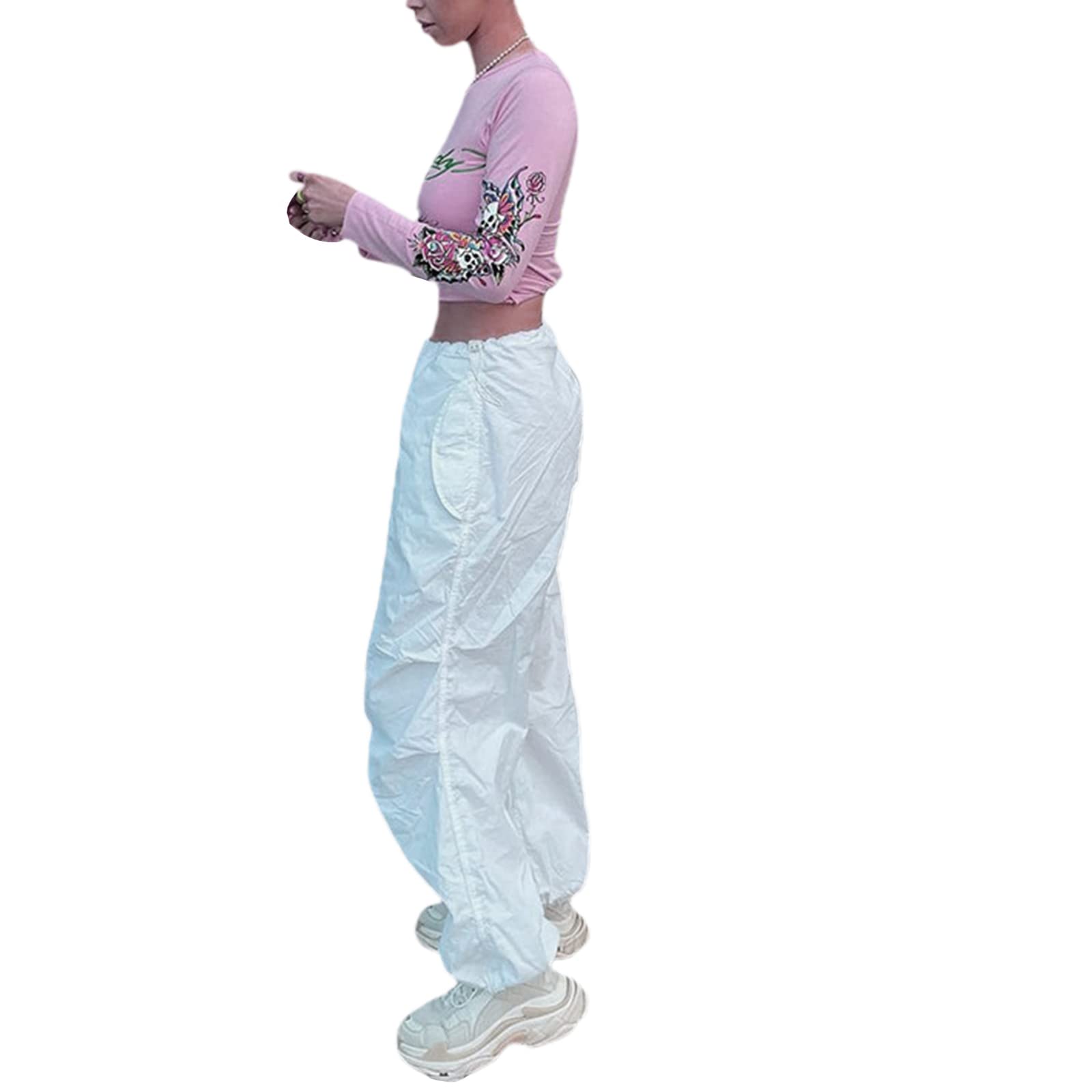 Womens Baggy Cargo Pants Casual Low Waist Adjustable Drawstring Joggers Sweatpants Trousers Punk Streetwear (White, M)