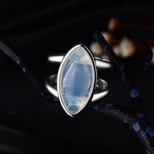 Womens Girls Big Large Opalite Stone Ring Crystal Ring S925 Sterling Silver Natural Genuine Horse Eye Shaped White Agate Onyx Gem Gemstone Ring,Double Line Wide Band Thumb Ring,Punk Biker Cocktail Party Boho Ring Jewelry Gift for Her (Ring_C, 9)