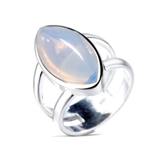 Womens Girls Big Large Opalite Stone Ring Crystal Ring S925 Sterling Silver Natural Genuine Horse Eye Shaped White Agate Onyx Gem Gemstone Ring,Double Line Wide Band Thumb Ring,Punk Biker Cocktail Party Boho Ring Jewelry Gift for Her (Ring_C, 9)