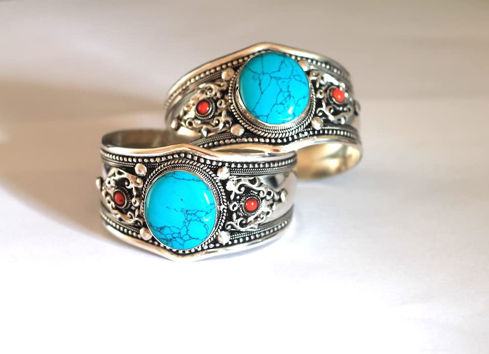 Boho Blue Stabilized Turquoise & Red Coral Adjustable Cuff Bracelet | Unique Jewelry from Nepal