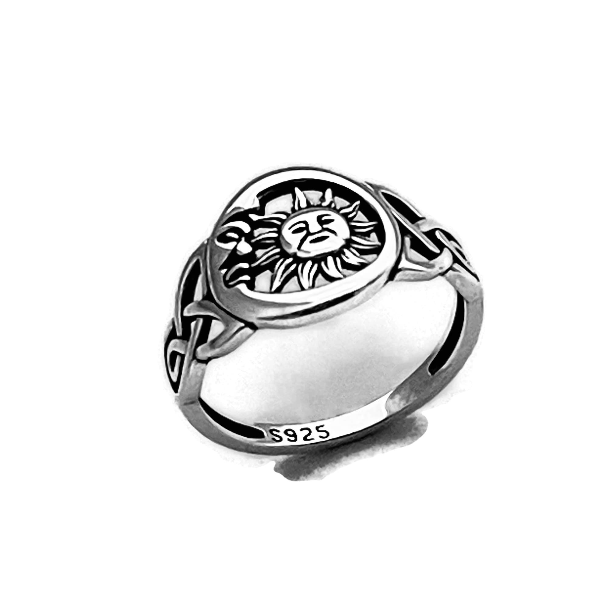 Sterling Silver Large Unisex Sun and Moon Face Ring with Celtic, Celestial, Sky Ring, Sunshine Ring