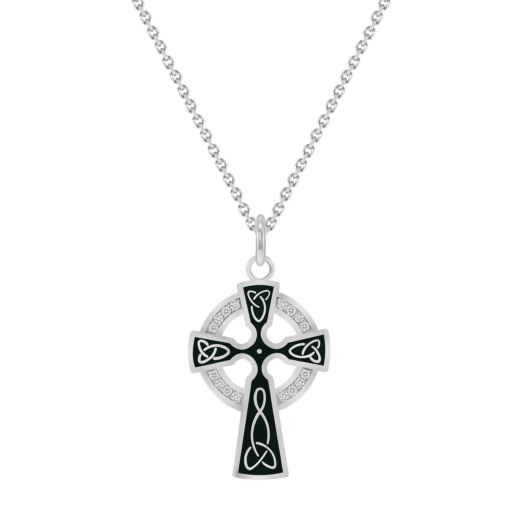 Pome Celtic Cross Trinity Knot Pendant Necklace in Sterling Silver with CZ, Made in America (22" Necklace, Black Enamel)