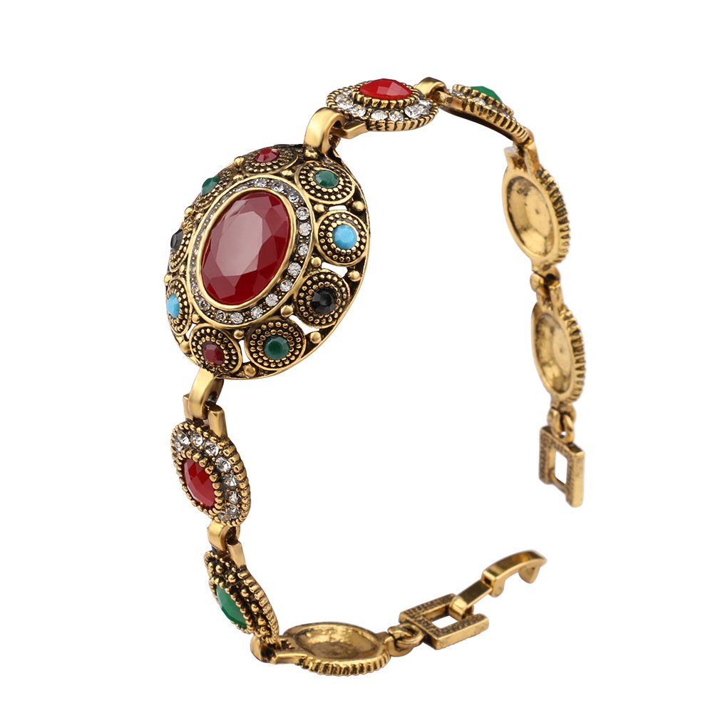 egztika Turkish Jewelry Bangle Multicolored Stone Antiqued Gold Plated Link Bracelet for Lady Women Mom Gift