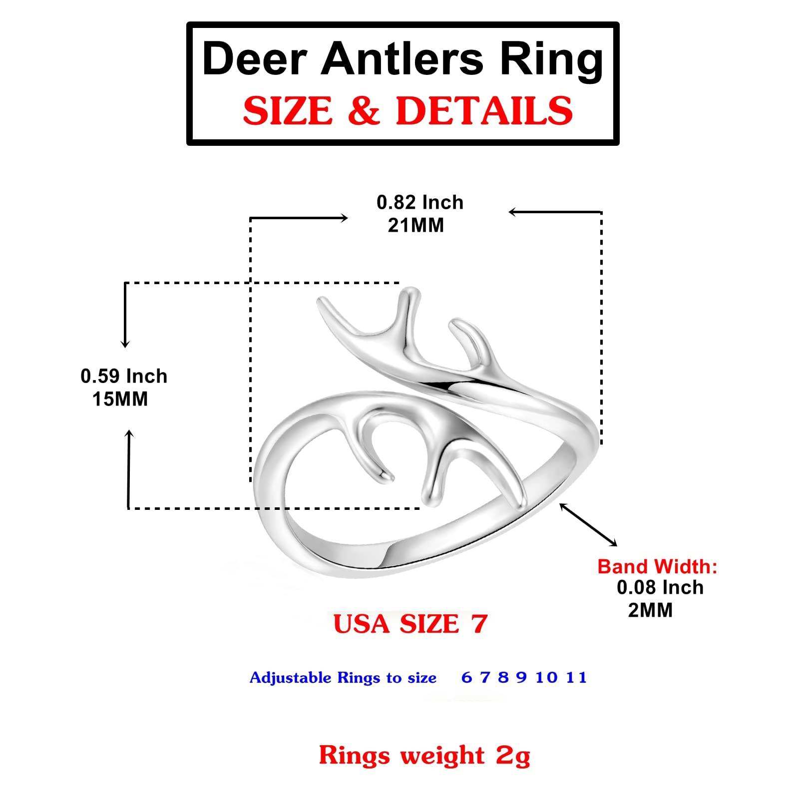 YKYLHSYXR Women's Elk Deer Antlers Ring - Country Forest Hunting Ring, Personality Cowgirl Ring Jewelry Birthday Christmas Gift, Adjustable Ring Size to 6 7 8 9 10 11. (Silver)