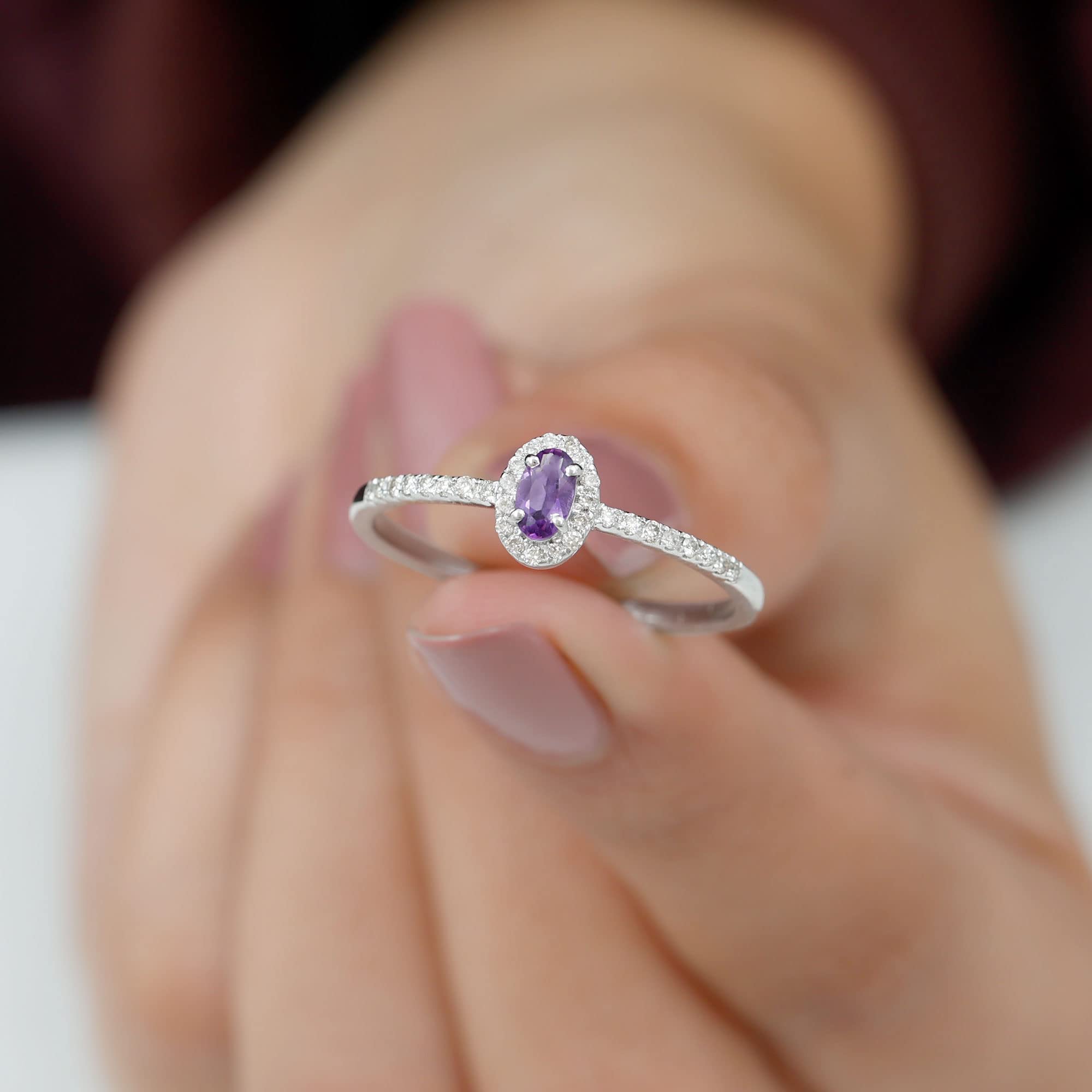 Rosec Jewels Natural Amethyst Minimal Halo Ring| 3X5 MM Oval| AAA Quality| Engagement Ring for Women, 14K White Gold, Size:US 10.00