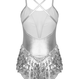 JEATHA Women Sequin Mesh Patchwork Camisole Ballet Leotard Crisscross Back Tassel Hem Gymnastic Dancewear Silver Medium