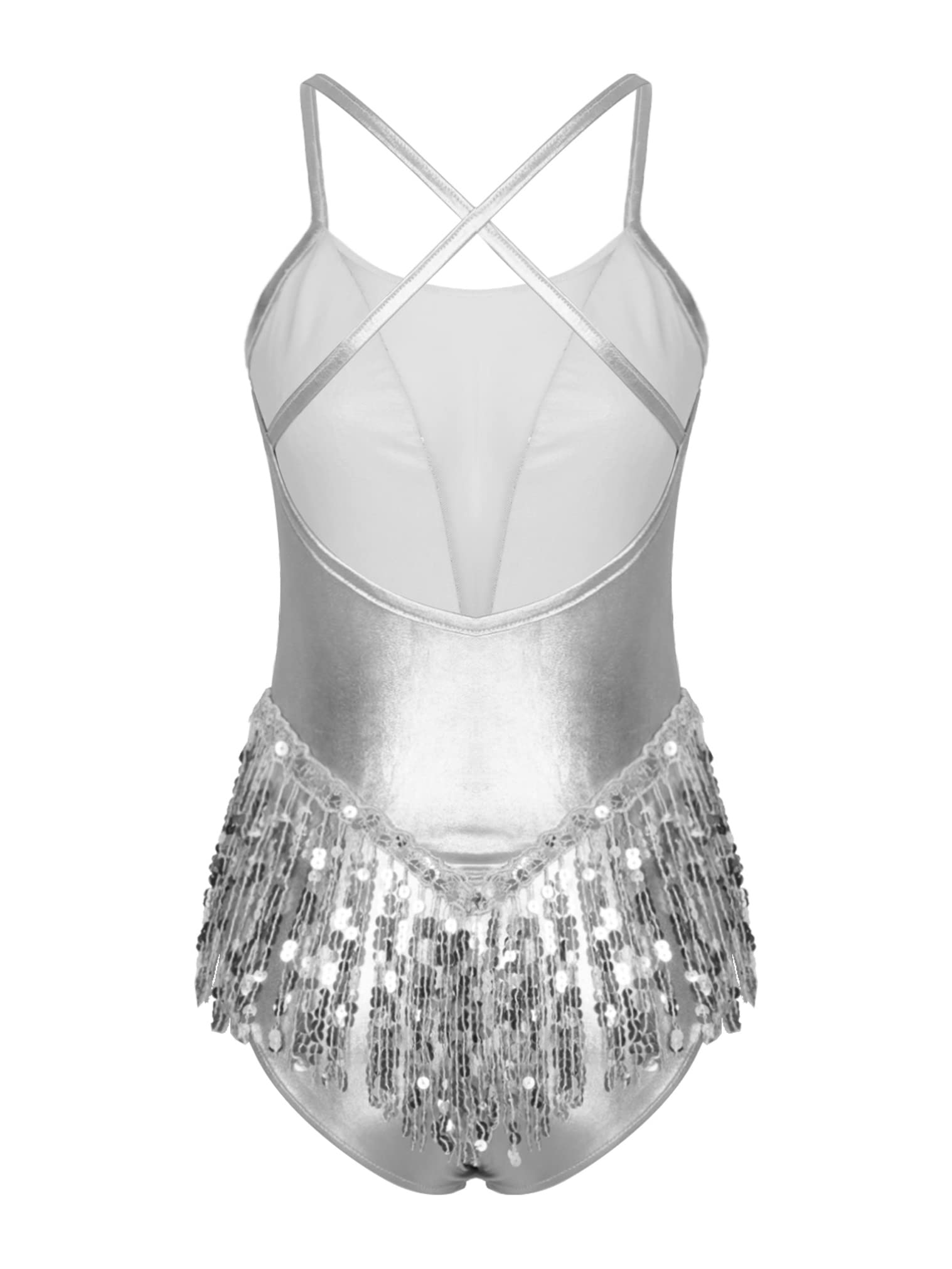 JEATHA Women Sequin Mesh Patchwork Camisole Ballet Leotard Crisscross Back Tassel Hem Gymnastic Dancewear Silver Medium