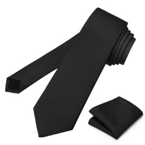 PenSee Men's Black Ties For Men Solid Pure Color 3.15" (8CM) Classic Formal Plain Necktie and Pocket Square Set For Men