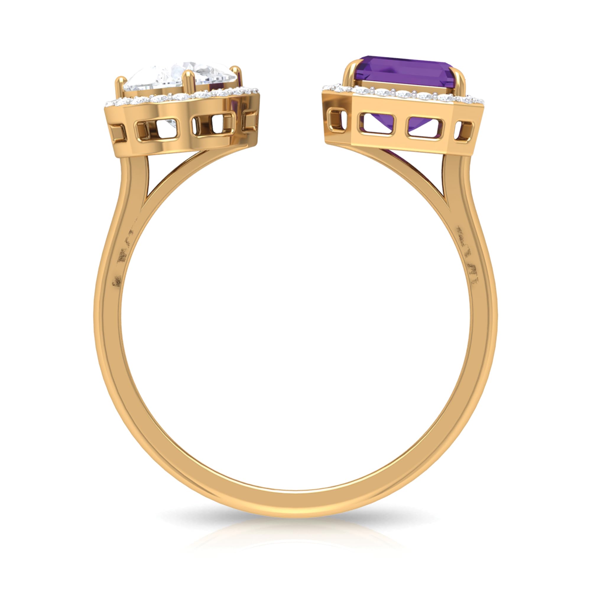 Natural Amethyst Open Cuff Ring with Halo, Toi Et Moi Engagement Jewelry for Women, 14K Yellow Gold, Size:US 6.50