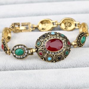 egztika Turkish Jewelry Bangle Multicolored Stone Antiqued Gold Plated Link Bracelet for Lady Women Mom Gift