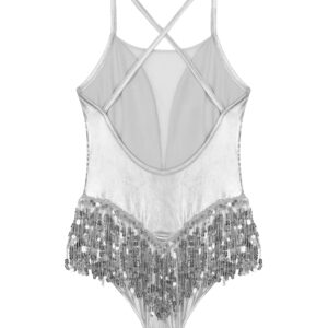 JEATHA Women Sequin Mesh Patchwork Camisole Ballet Leotard Crisscross Back Tassel Hem Gymnastic Dancewear Silver Medium