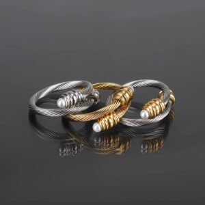 FOCUSTEEL Cable Ring, a Cuff Pearl Ring Designed to Fit Finger Circumference Between 70mm-90mm