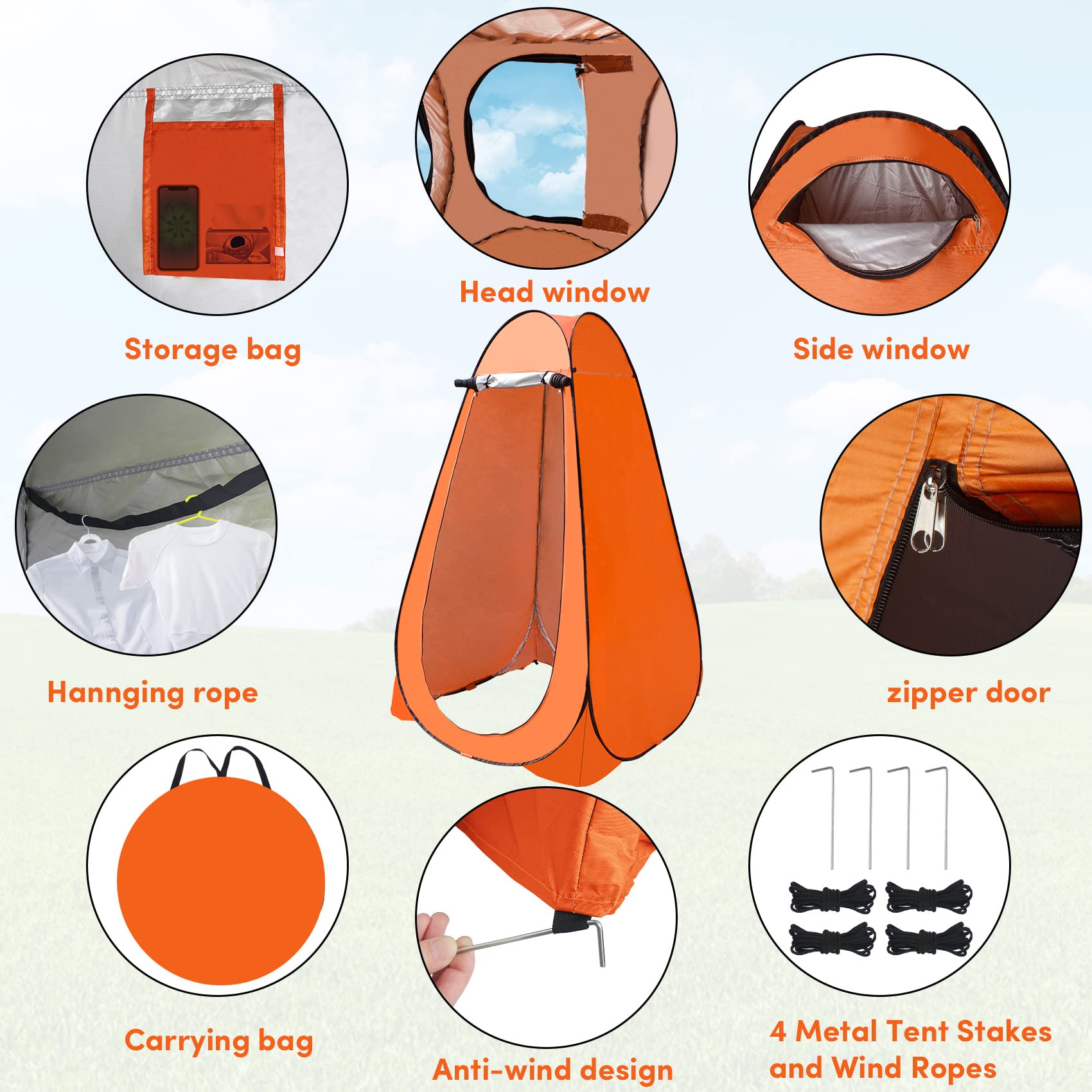 Pop Up Shower Tent Changing Tent with 2 Windows Camping Shower Tent Privacy Tent for Portable Toilet Outdoor Portable Dressing Room, ﻿Waterproof Orange/UPF 50+